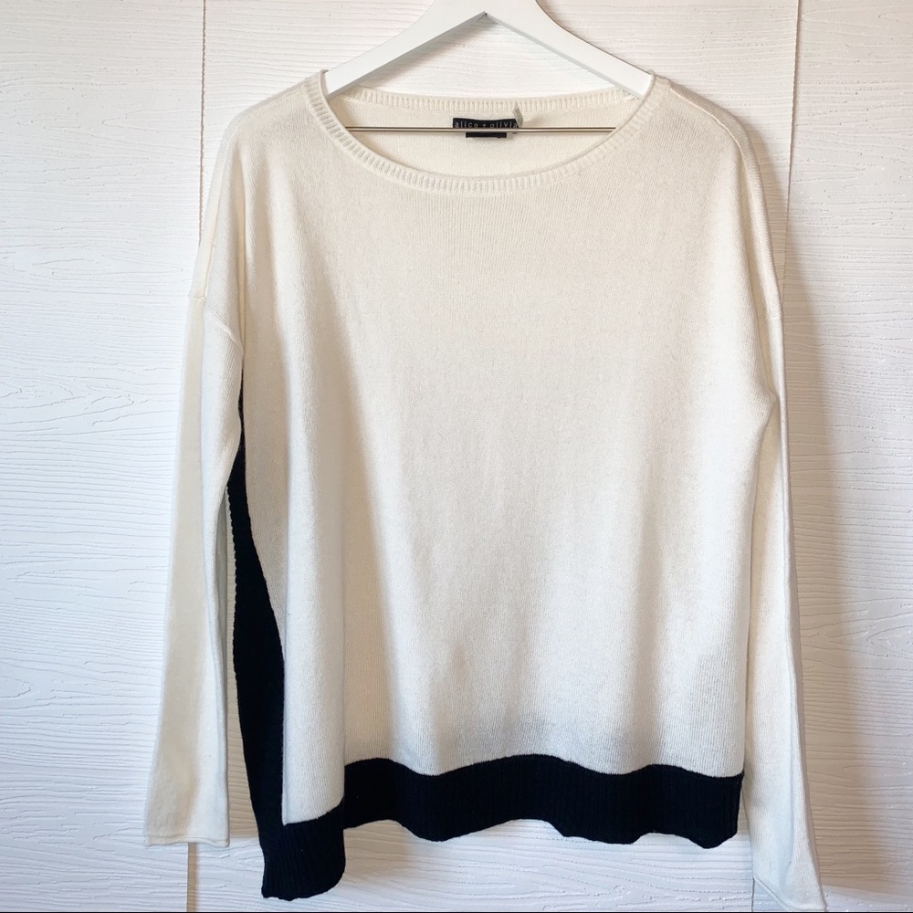 Alice + Olivia White and Black Wool Blend Side Slit Sweater